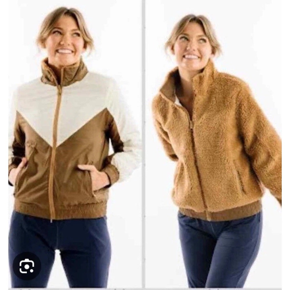 Zyia Reversible Sherpa Fleece Windbreaker Bomber Jacket Tan Cream Zip Up Women L
